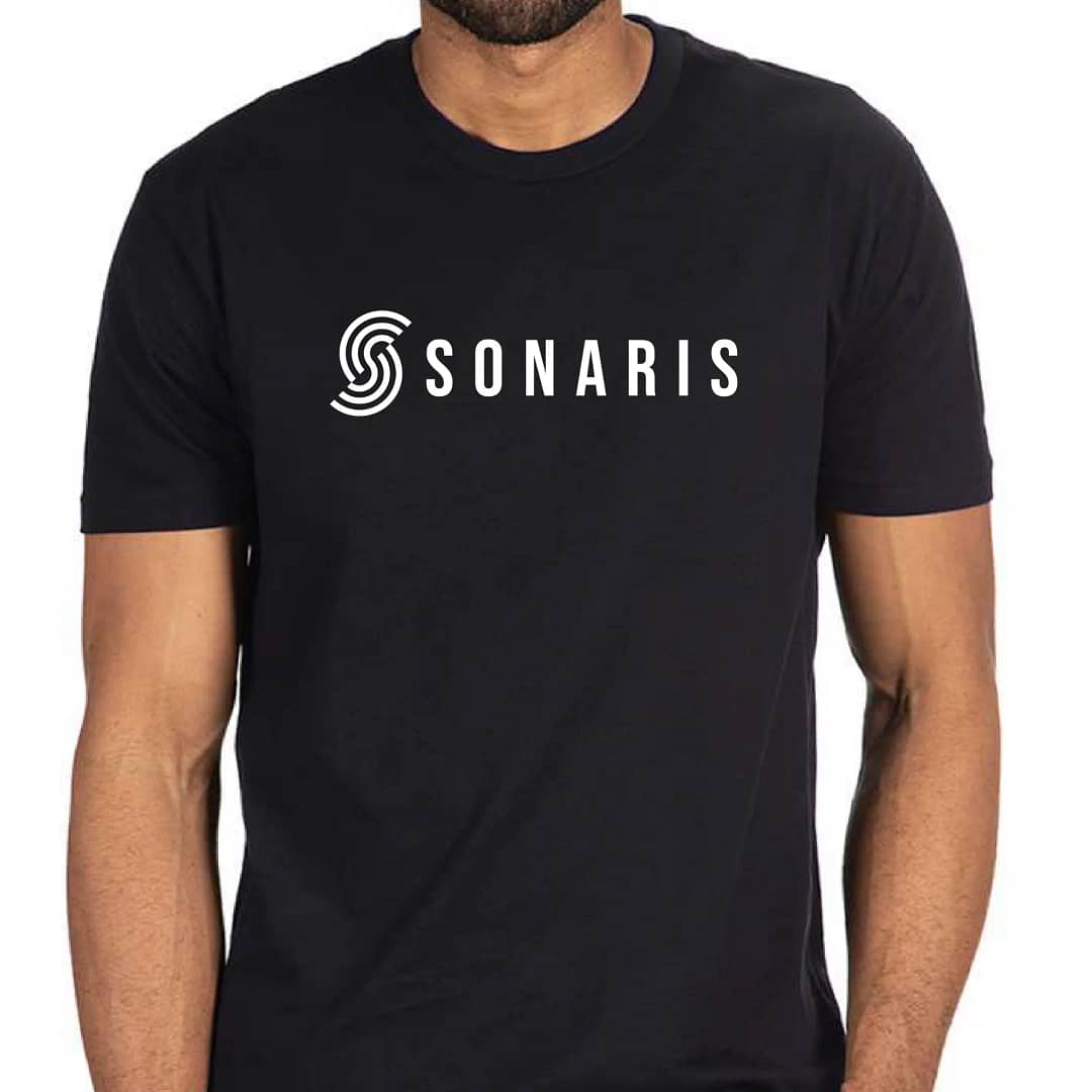 Male model wearing black t shirt with white Sonaris logo