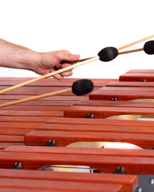 A percussionist plays the marimba with mallets
