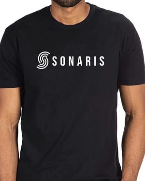 Male model wearing black t shirt with white Sonaris logo